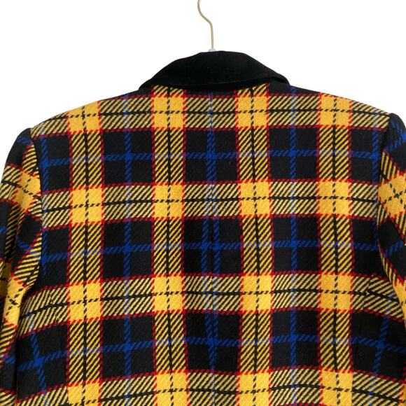 Vintage 90s Joan Leslie Yellow Black Tartan Wool Twill Velvet Blazer Size Medium - Picture 13 of 16